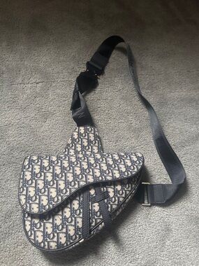 Dior Navy and Beige Jacquard Saddle Strap Bag